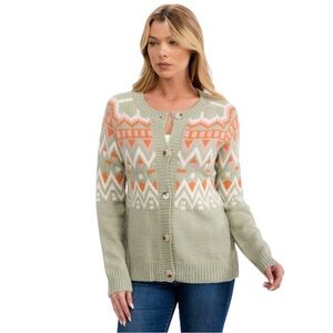 Bibi Fair Isle Green Orange Cozy Cardigan Sweater NWT Size‎ XL